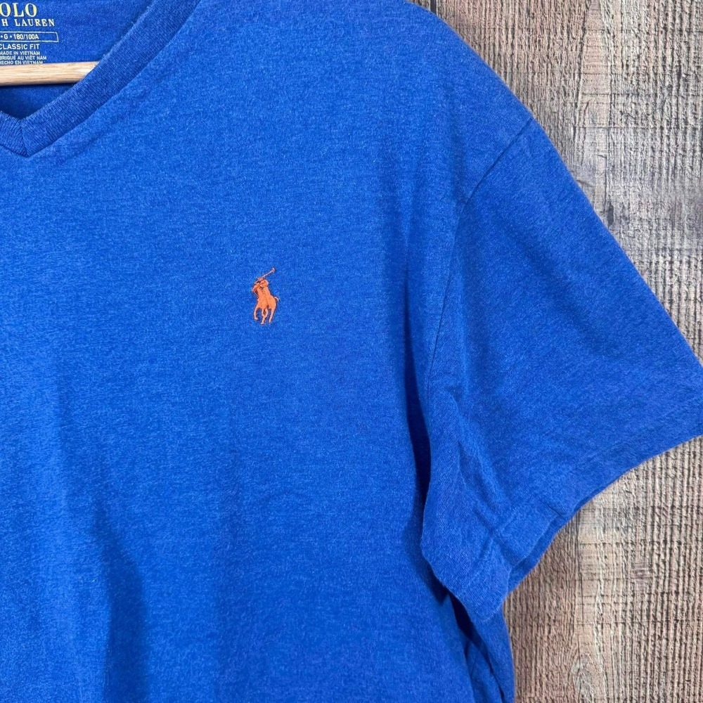 Polo Ralph Lauren Mens Royal Blue V-Neck T-Shirt Classic Fit Large Orange Pony - Picture 2 of 4